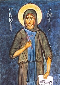 An icon of St. Isadora holding a cross and a scroll.