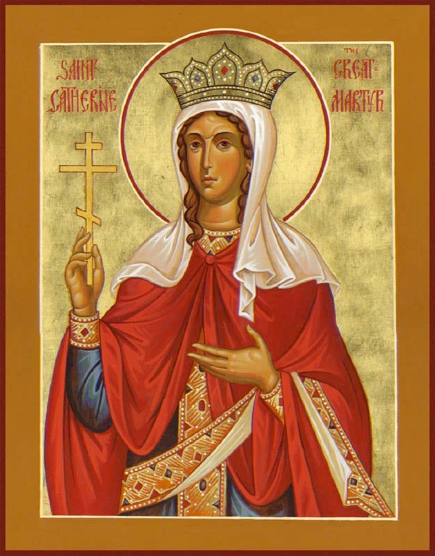 An icon of St. Katherine the Great Martyr holding a 3 bar cross.