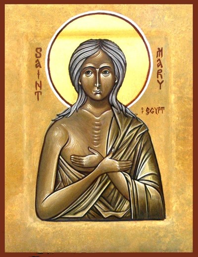 An icon of St. Mary of Egypt holding her hands across her chest.