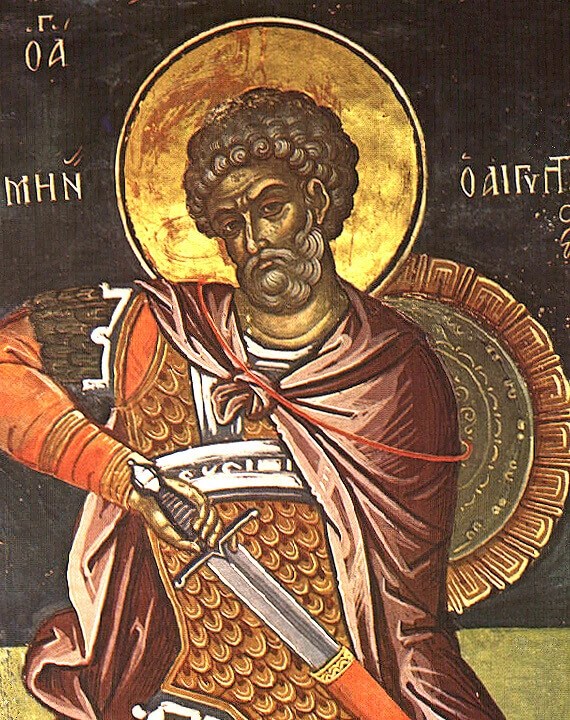 An icon of St. Menas holding a sword.