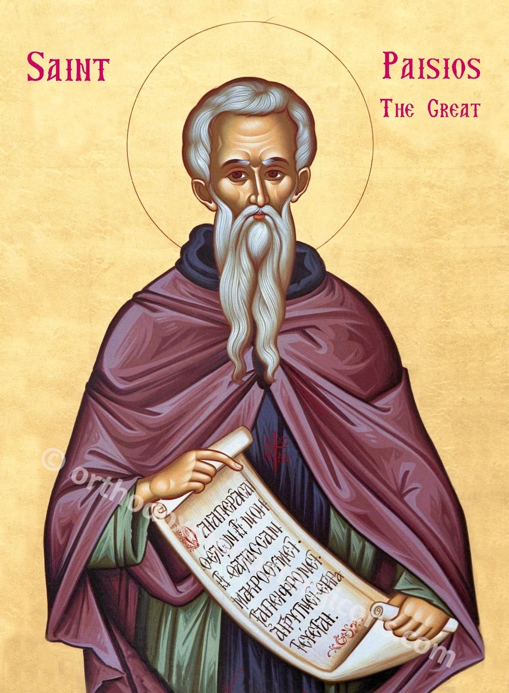 An icon of St. Paisius the Great holding a scroll.