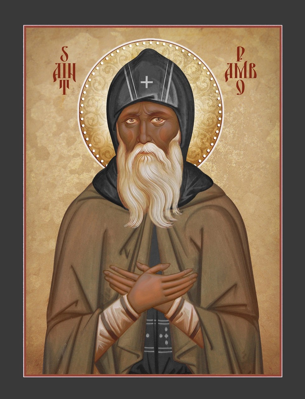 An icon of St. Pambo holding his hands across his chest.