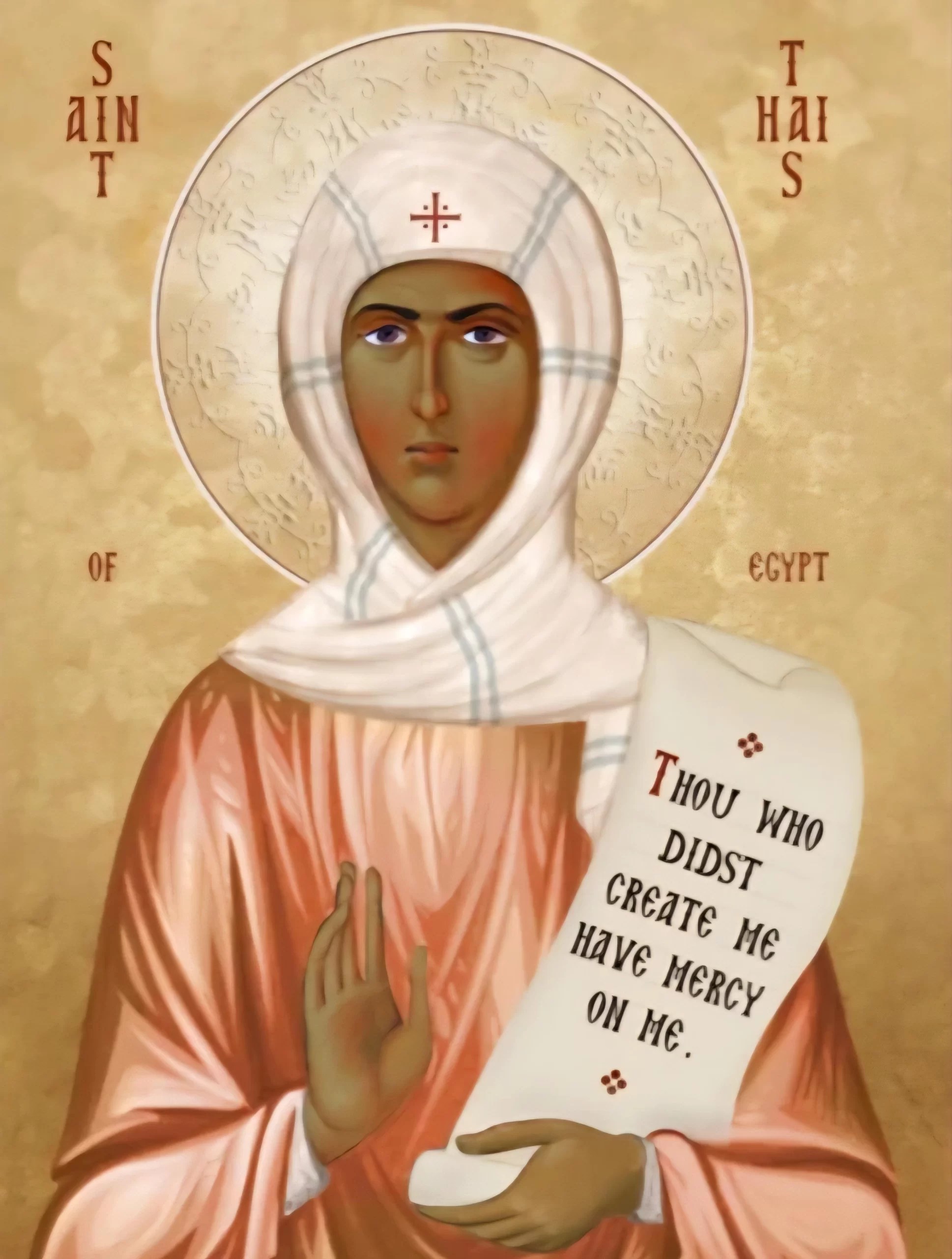 An icon of St. Thais holding a scroll.