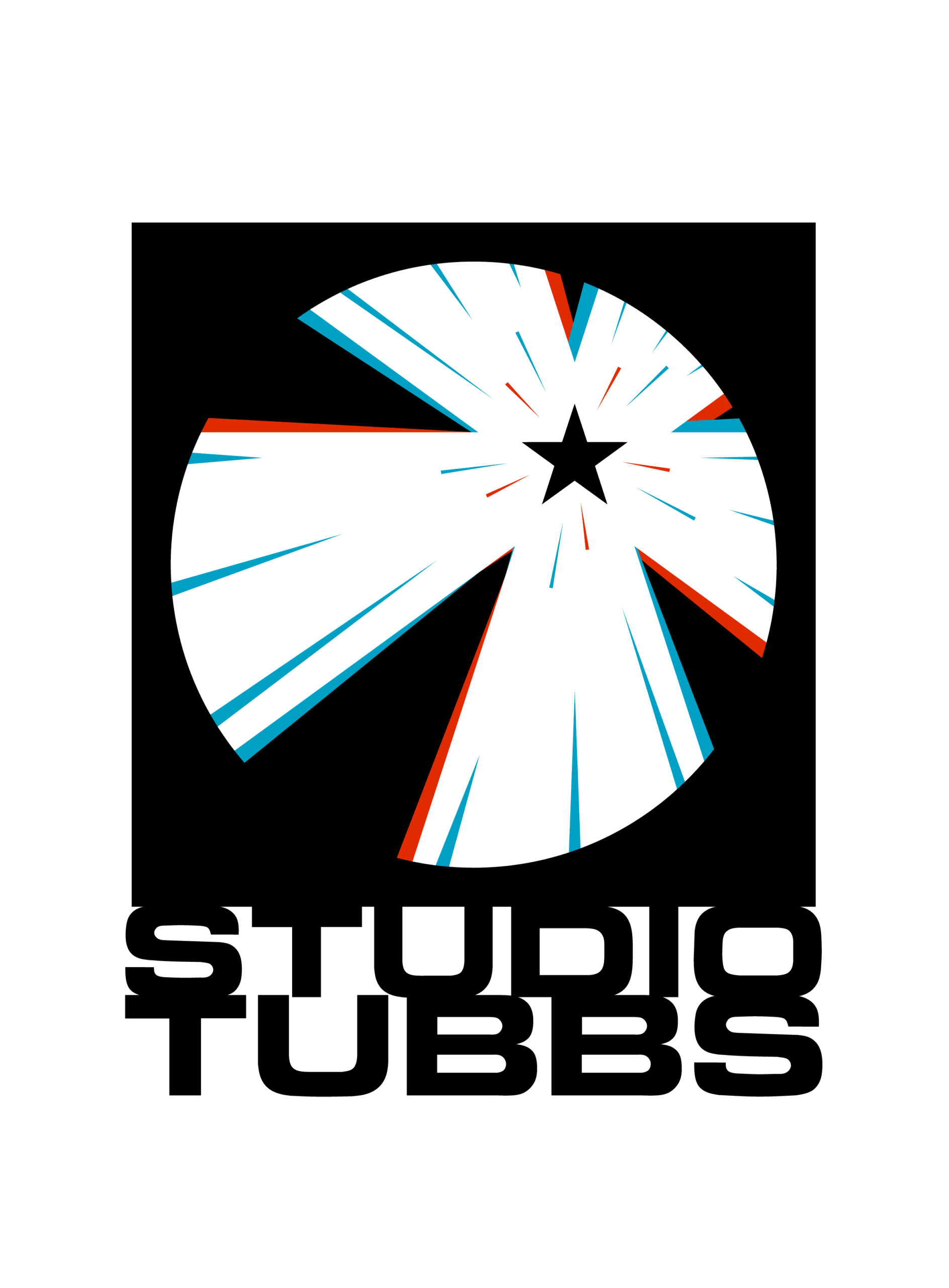 A black star surrounded by white beams with blue and red accents, with the title Studio Tubbs below it.